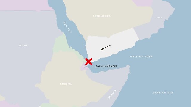 Map Animation Showing Bab El Mandeb Strait Blockade With Red Cross Indicator And Arrow From Yemen Representing Maritime Shipping Disruption 4K