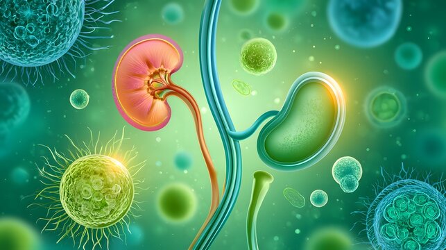 Human kidneys depicted with surrounding viral cells on a green microscopic background. Concept for medical research on organ infection and urinary tract diseases.
