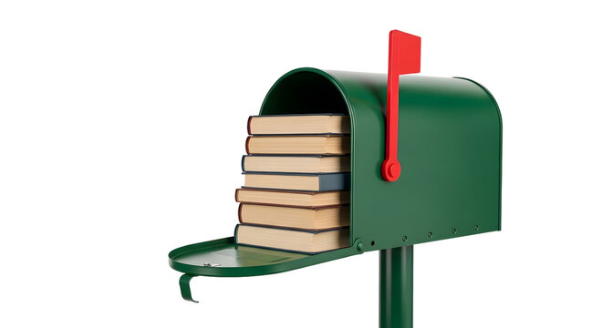 Green metal mailbox filled with a stack of old books