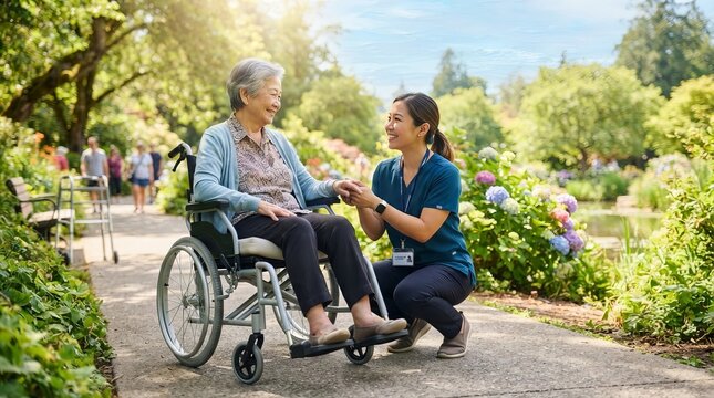 Elderly Woman in a Wheelchair Receives Compassionate Care from Her Kind Professional Caregiver