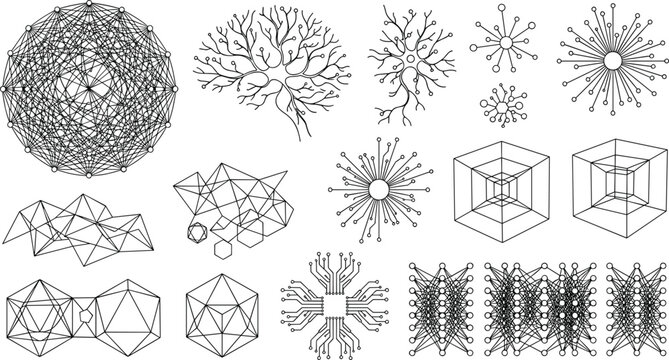 Abstract artificial intelligence and neural network vector set featuring geometric grid shapes brain pathways digital chip and data nodes on white background