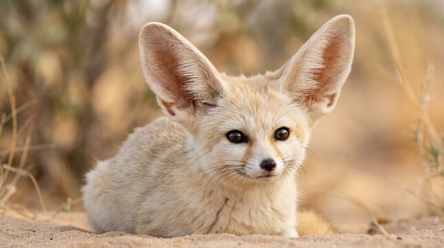 Adorable fennec fox with large ears resting on desert sand