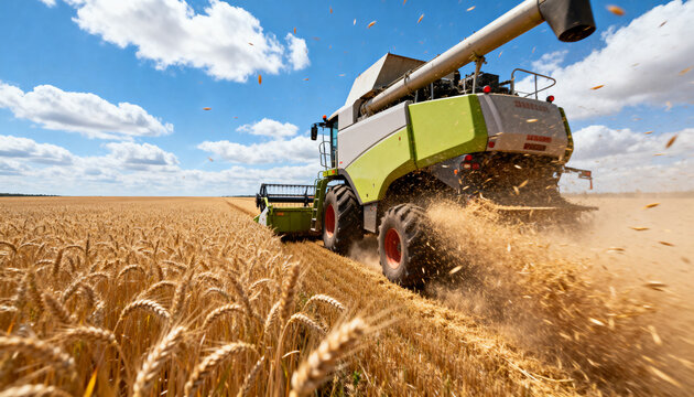 High-speed action shot of a modern combine harvester working in a vast golden barley field, dust and chaff flying dramatically into the air