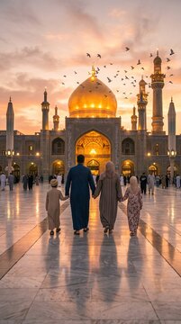 Muslim family walking toward golden dome mosque at sunset. Parents with two kids in traditional clothing at holy shrine courtyard. Faith, pilgrimage and Islamic holiday concept.