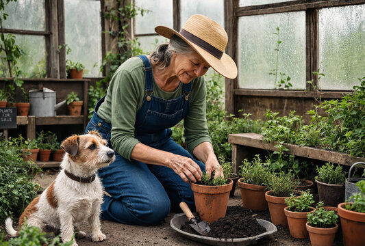 Senior woman wearing overalls and straw hat plants herbs in clay pots inside her greenhouse. Her small dog sits faithfully beside her, capturing a heartwarming moment of gardening and companionship