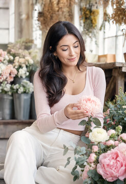 A smiling young woman gently arranges fresh pink peonies in a charming flower shop, surrounded by lush floral arrangements and greenery, capturing an elegant, peaceful moment of artistic floristry