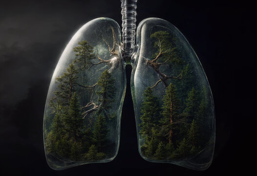 A conceptual artwork showing transparent glass human lungs containing a lush evergreen pine forest within. Surreal concept of clean air, environmental breathing, nature ecosystem conservation
