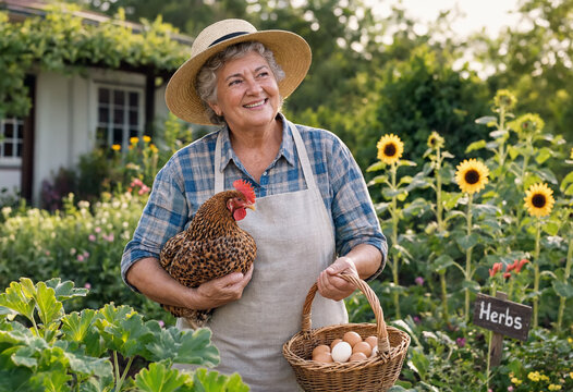A smiling senior grandmother wearing a straw hat and apron holds a speckled hen and a basket of fresh farm eggs in her vegetable garden, capturing a warm, peaceful moment of traditional rural life