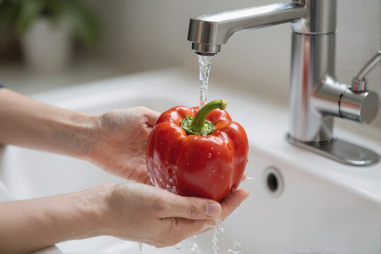 Woman washing a red bell peper