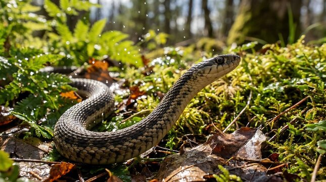 Snake slithering through moss and fallen leaves in a forest