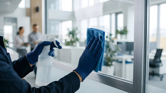 Close-up of janitor hands in blue protective gloves cleaning glass window partition with spray bottle and microfiber cloth in a modern corporate office background