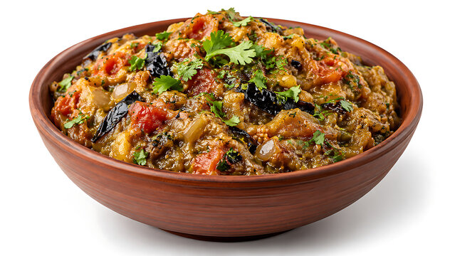 Baingan bharta in a serving bowl, smoky roasted eggplant curry with tomato, onion and spices, Indian vegetarian food