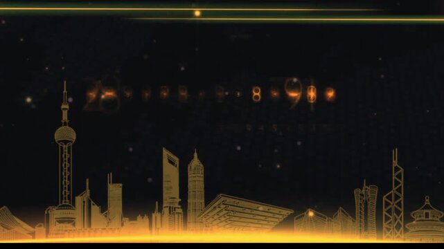 Golden China Shanghai Skyline Digital Code Particles Loop Video Background