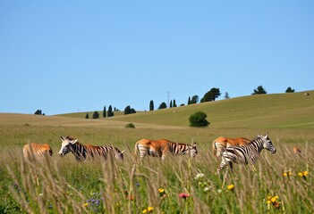 Fototapeta premium Striped zebras grazing on lush green hillside pasture landscape