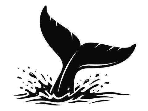 Black whale tail silhouette breaching ocean surface with water splashes isolated on transparent background