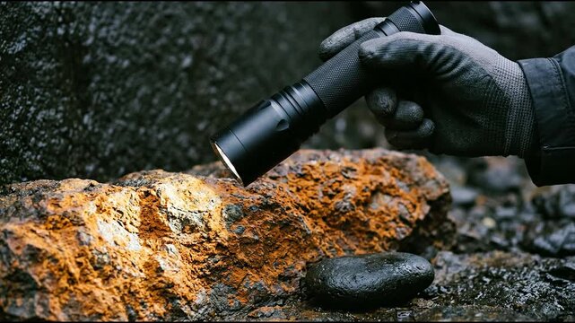 A gloved hand sweeping a cylindrical black aluminum inspection torch beam across rough damp ochre sediment