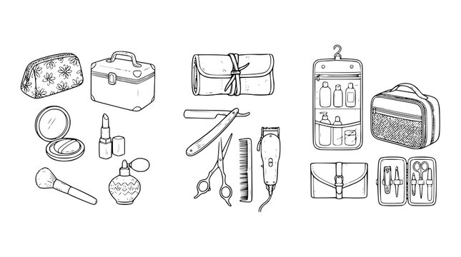 Cosmetic Beauty Pouch Barber Kit and Toiletry Bag Outline Vector Collection
