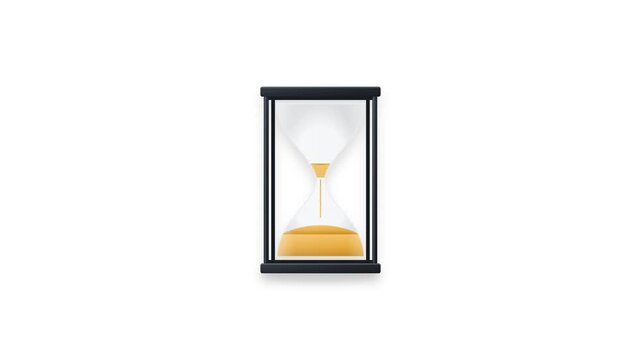 An 8-second clean 3D animation of a transparent glass hourglass with dark frame structure. Golden sand flows continuously from the upper chamber to build a conical mound in the lower chamber, visualiz