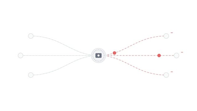 Modern minimal animation showing cash inflow converging into a central financial account hub, followed by branching cash outflow distributions. Features synchronized traveling coins and flow paths.