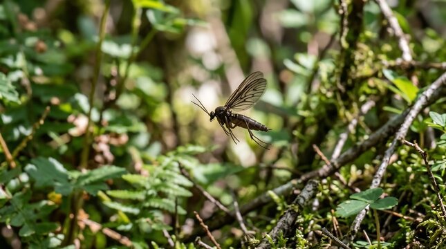 Small winged insect flying in lush green forest undergrowth