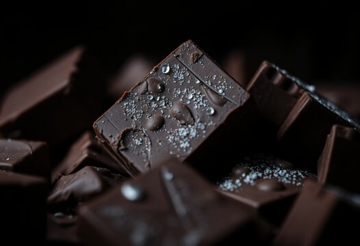 Dark chocolate cubes with sea salt and water drops moody food macro