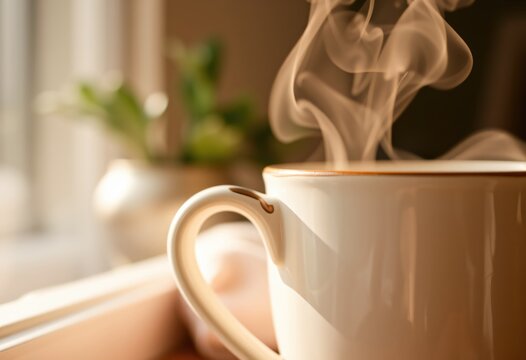 Hot coffee cup steaming on a morning windowsill in cozy sunlight mood