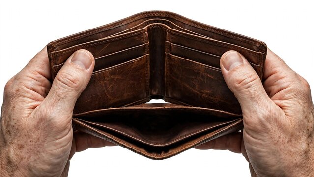 Empty wallet open showing no money financial crisis bankrupt concept isolated