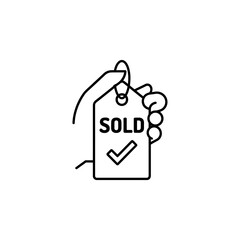 Hand holding a sold tag line icon with a checkmark for retail and business © Muhammad