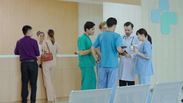 Hospital clinic waiting room reception nurse doctor patient wheelchair interior care feel modern bright clean calm with waiting moving helping gently proceeding quietly hopeful