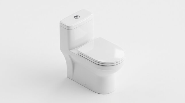 Modern white ceramic toilet bowl, one-piece closed-coupled WC with dual flush button, glossy porcelain bathroom sanitary fixture isolated on white background