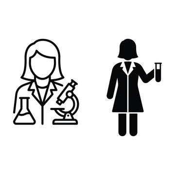 Female scientist with microscope, erlenmeyer flask, and test tube