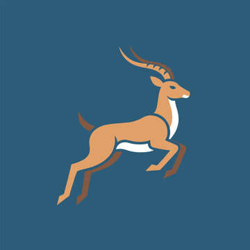 Graceful tan and brown impala antelope shown leaping in mid air against a deep teal background, representing animal speed and agility.
