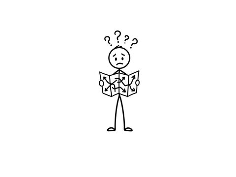 Stick figure character holding paper map looking confused with question marks above head on transparent background. For lost direction, navigation problems, travel orientation, and decision making.