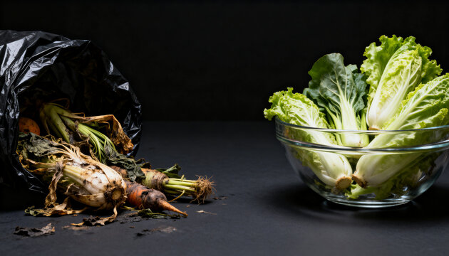 left side shows wilted, rotting vegetables spilling from a black trash bag; right side shows identical fresh, crisp vegetables arranged beautifully in a clear glass bowl