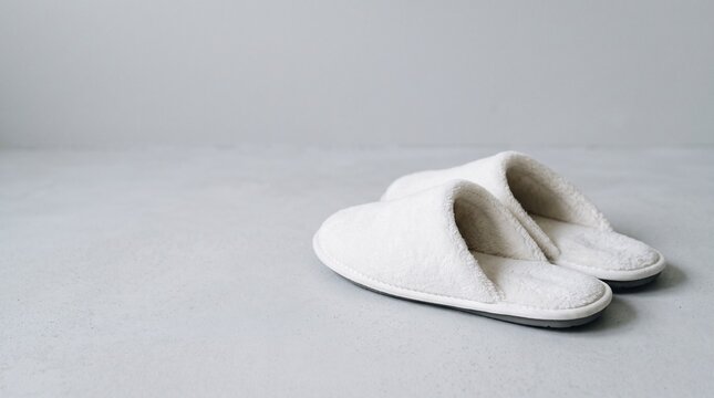 Cozy white fluffy hotel slippers on gray backdrop, top view, minimalist concept