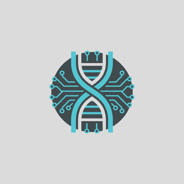 Bioinformatics logo displaying dna double helix combined with blue electronic circuit lines on dark gray circular base.