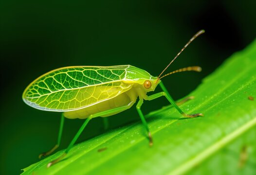 Green leafhopper bug macro photography on tropical foliage in nature