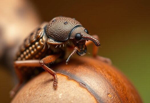 Macro weevil insect close up portrait on brown textured seed pod