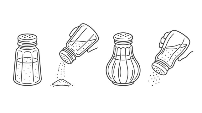 Set of salt and pepper shaker icons with hands holding and pouring seasoning in a simple black and white line art style