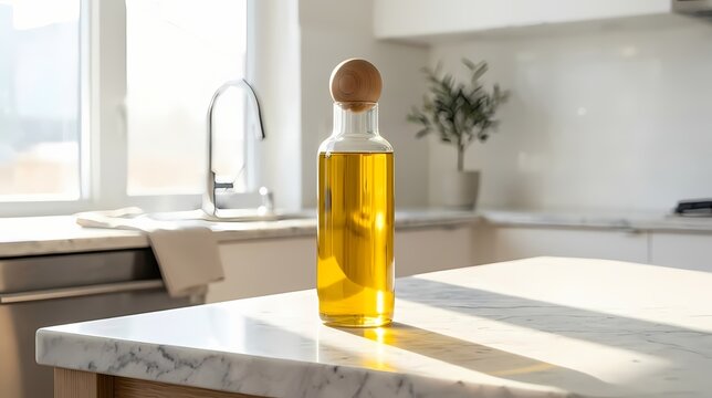 Golden Elixir in a Sunlit Kitchen: A clear glass bottle filled with golden liquid, likely cooking oil or olive oil, stands on a marble countertop in a bright, modern kitchen.