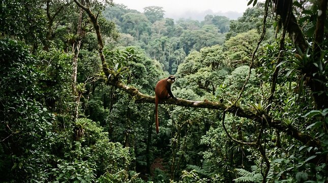 Reddish brown monkey sitting on a large tree branch in a dense foggy tropical rainforest