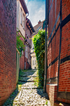 Stade, Germany. An alley in the old town with historic buildings.