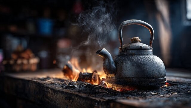 Old metal teapot boiling water on a rustic wood burning fireplace stove inside a cabin with hot water traditional beverage countryside interior