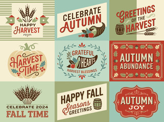 Warm fall harvest greetings with pumpkins sheaves and rustic autumn themed seasonal imagery © Bro_Nuel 88