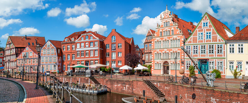 Stade, Germany. Panorama of the old town with historic buildings at the old harbor.