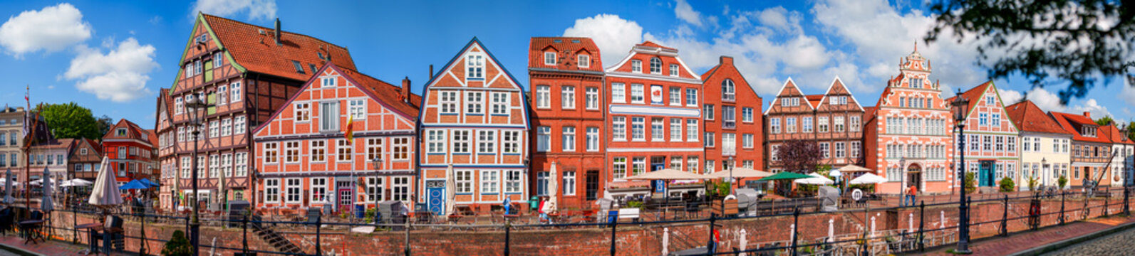 Stade, Germany. Panorama of the old town with historic buildings at the old harbor.