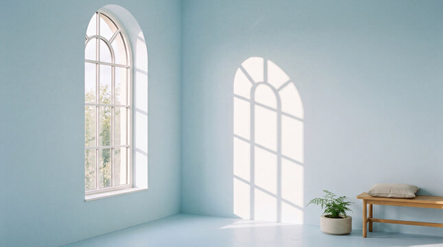 Pastel blue room interior featuring arched windows and sunlight patterns