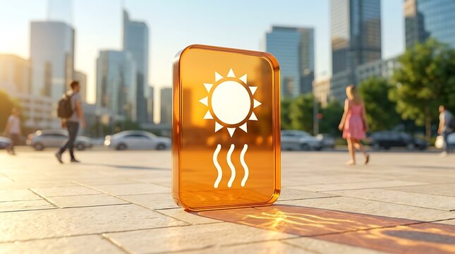 Orange heat warning sign on city square pavement during bright sunny day represents extreme weather alert rising temperatures and climate change adaptation.