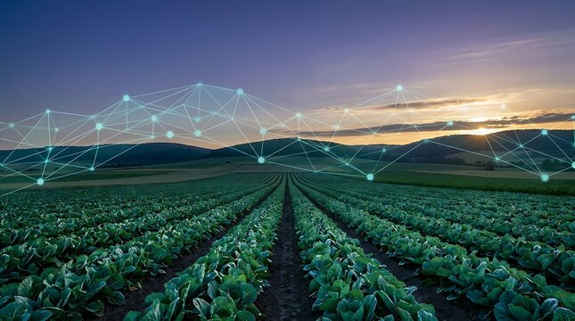 Vast green cabbage field with rows stretching to horizon under sunset sky with digital network overlay representing smart agriculture technology and data analysis.