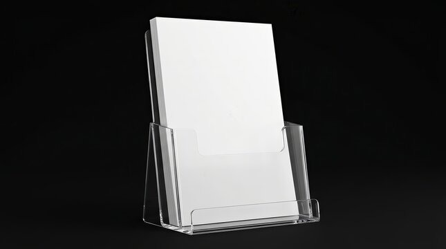Plain flier stand in a transparent plastic holder for advertising mockup.